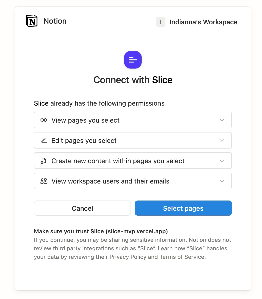 Onboarding / Connect screen. Connect Slice to your Notion workspace in seconds.