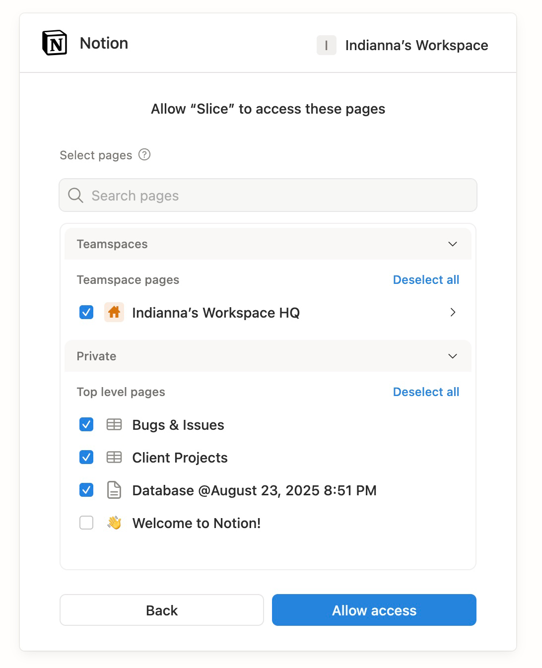 Notion OAuth consent. Allow Slice to access selected pages and databases.