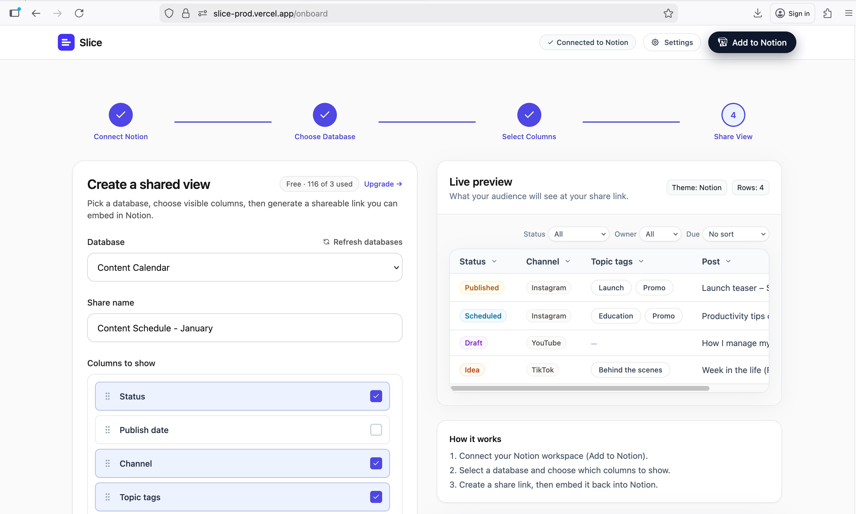 Dashboard - Create shared view. Select database and configure visible columns with live preview.