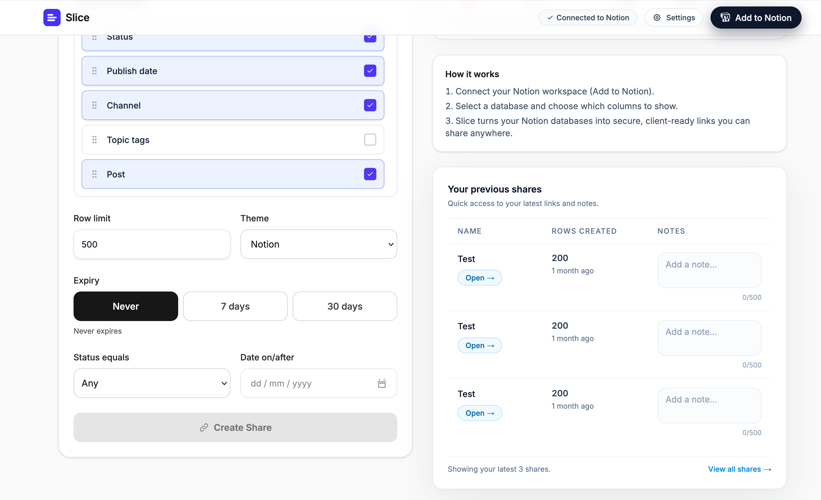 Dashboard - Column selection. Choose exactly which columns and rows are visible.