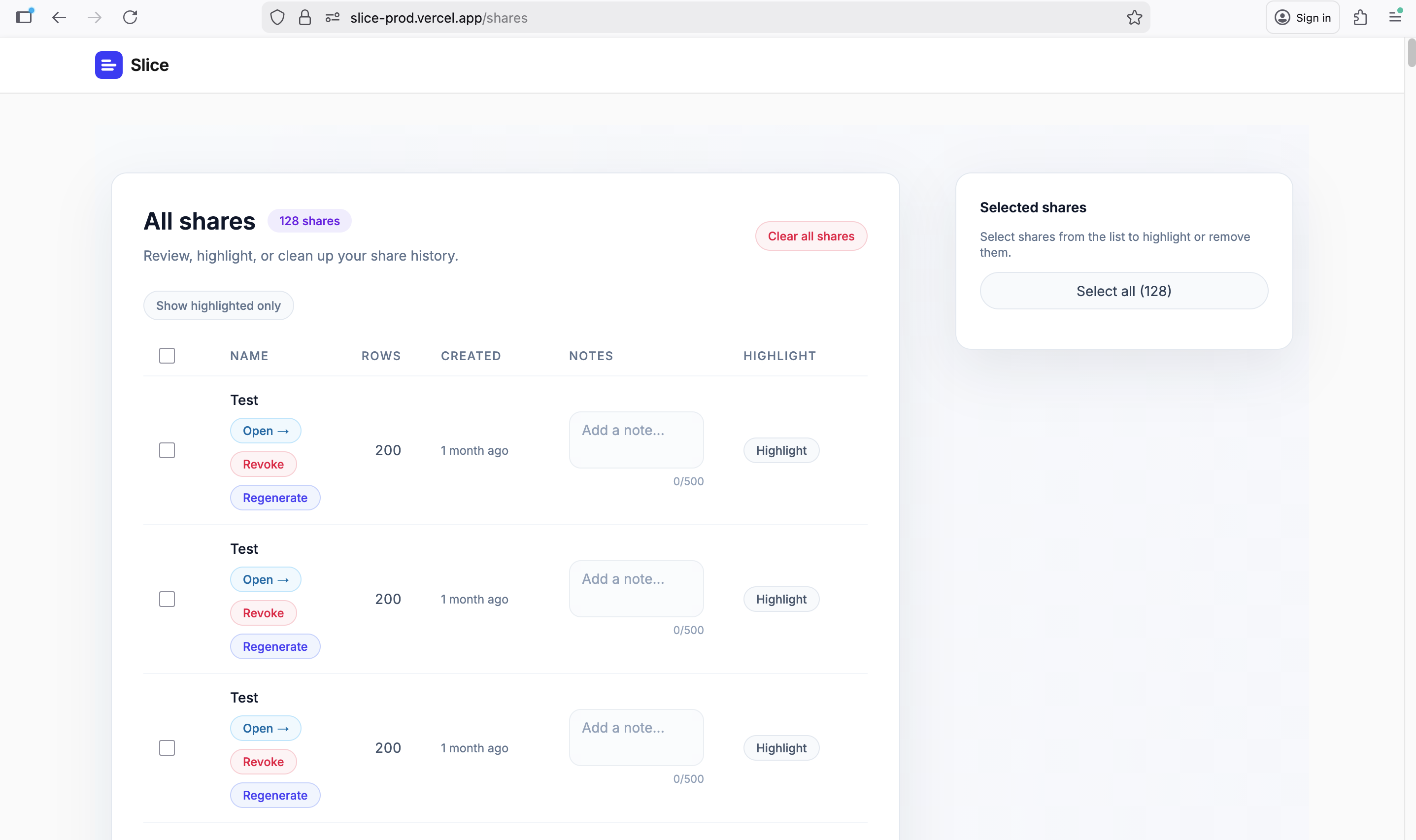 Shares management page. Review, highlight, and manage all your shares.