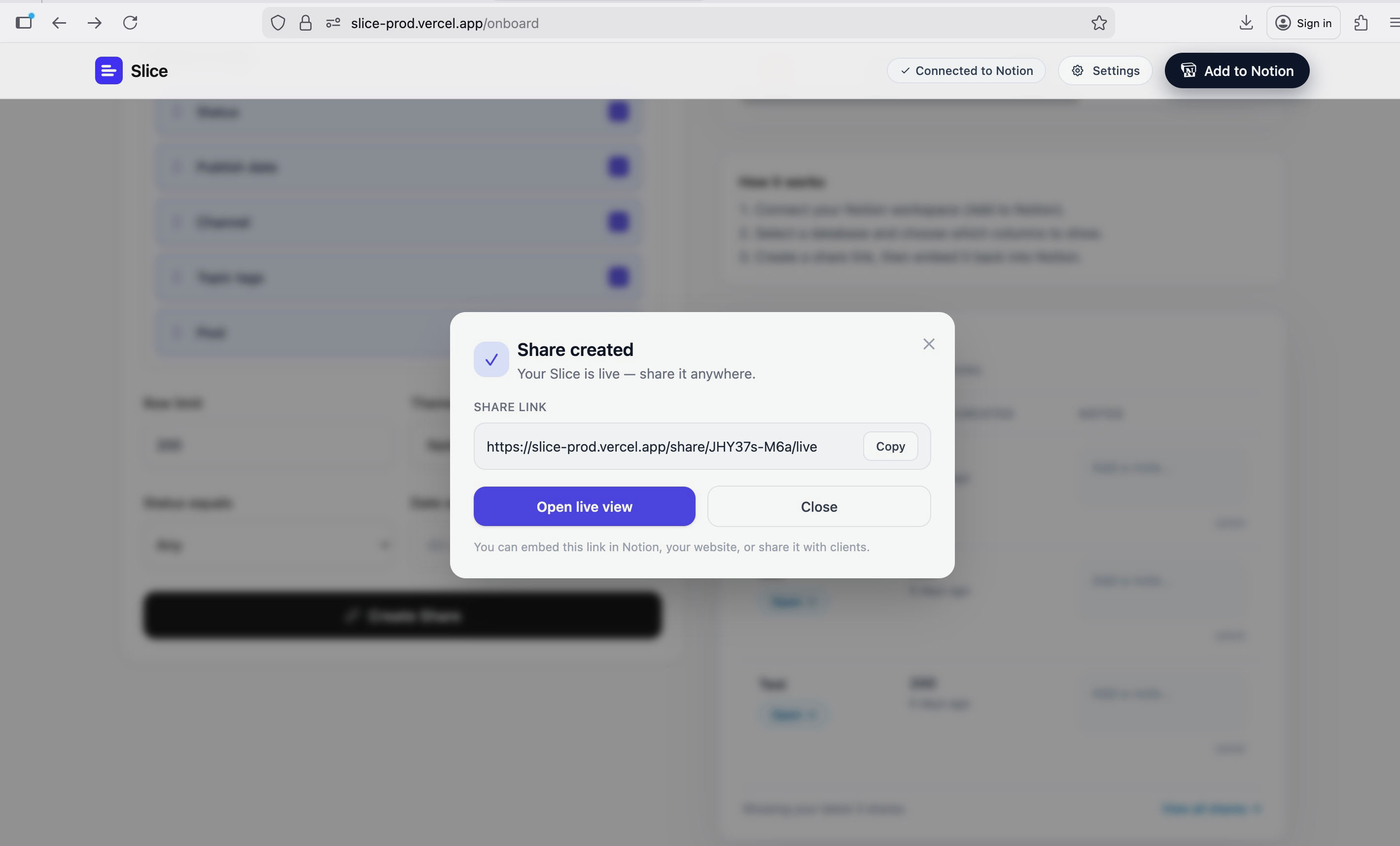 Share created modal. Slice turns your Notion databases into secure, client-ready links you can share anywhere.