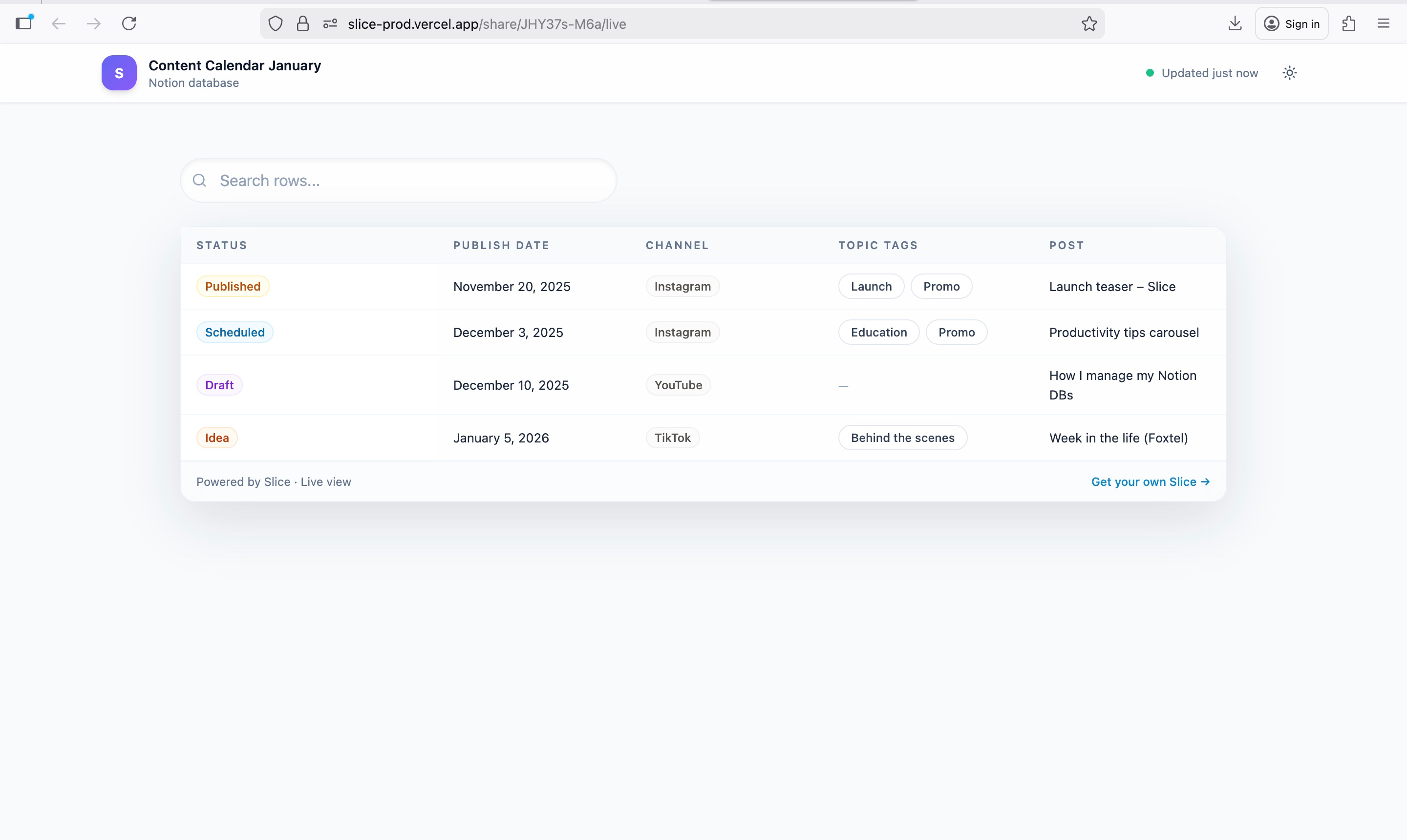 Live public share view. What external viewers see — clean, focused, and secure.