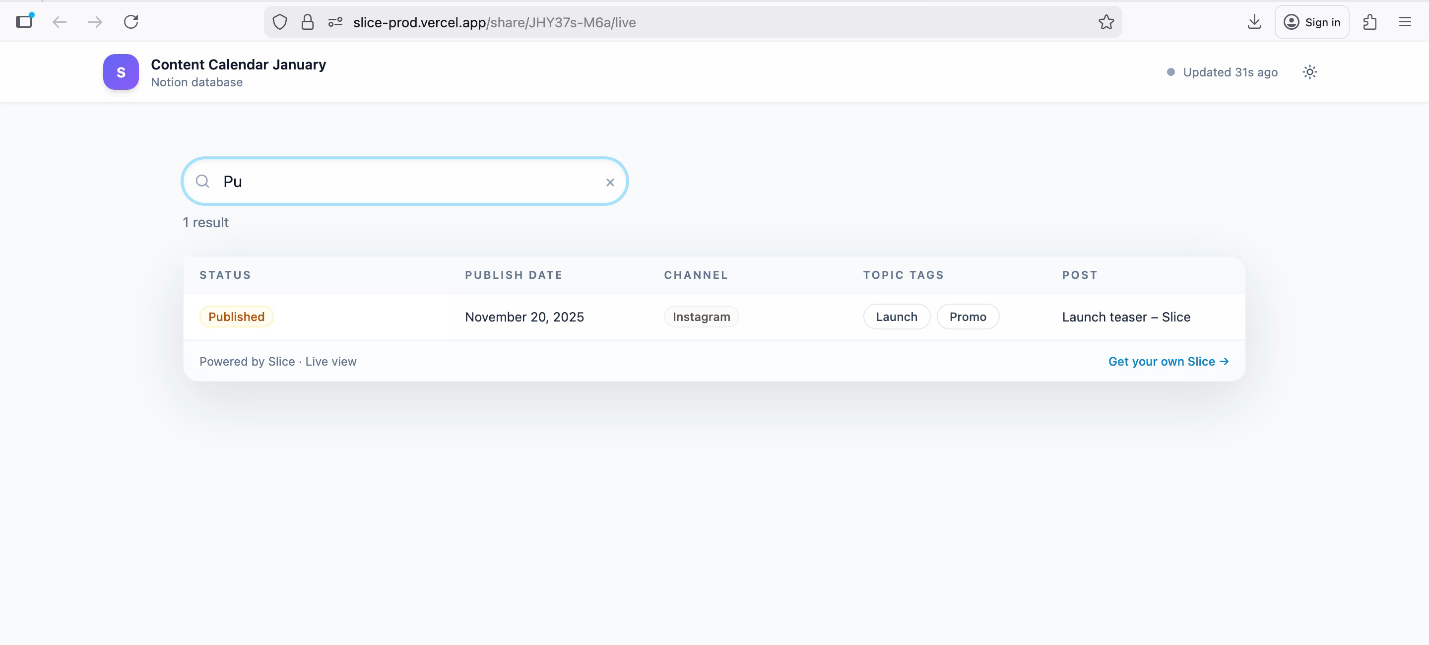 Live share with search. Public share view with search and filtering capabilities.